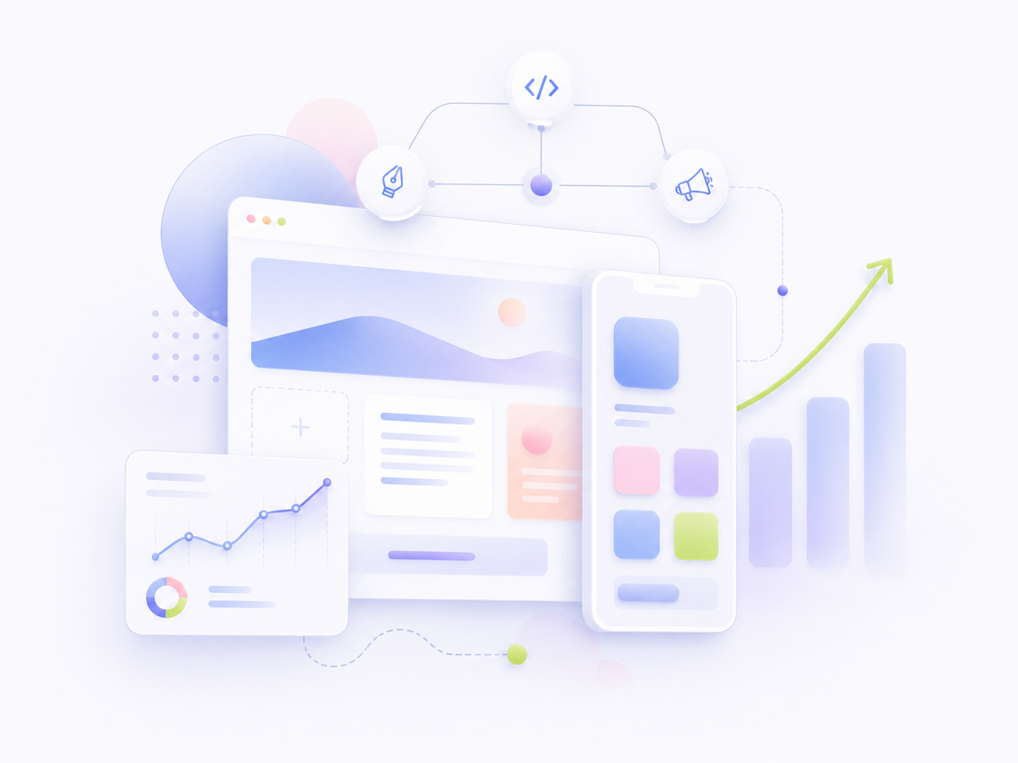 Integrated website design, software development and digital growth illustration